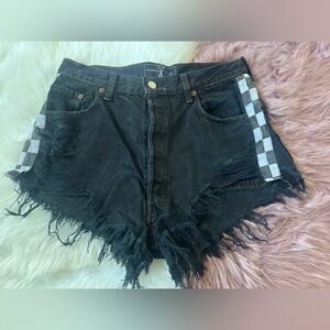 American Vintage Black Distressed Denim Shorts, Black-and-White Checkered Trim